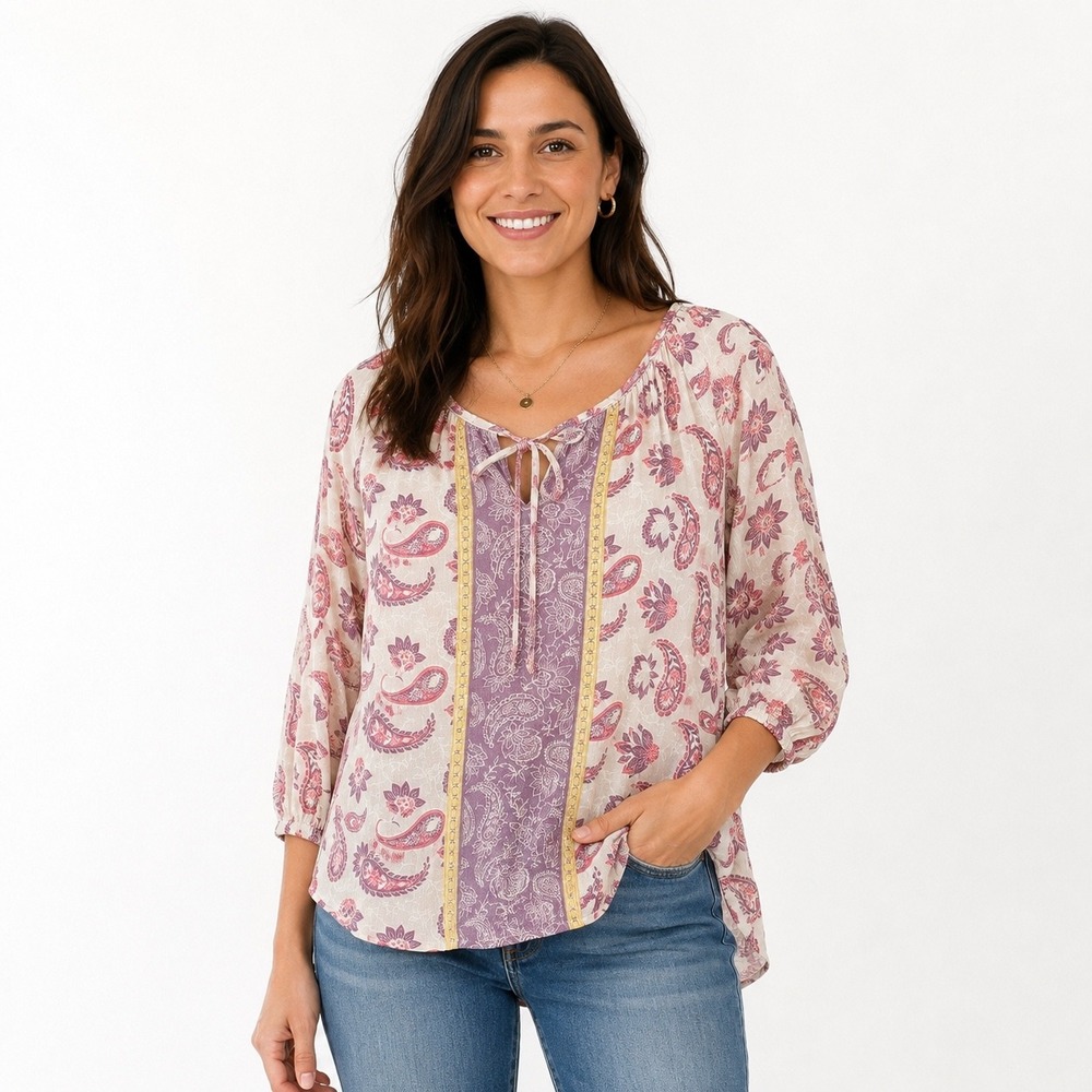 Fred David Medium Pink‎ Purple Paisley Boho Peasant Blouse V- Neck Tie Top
